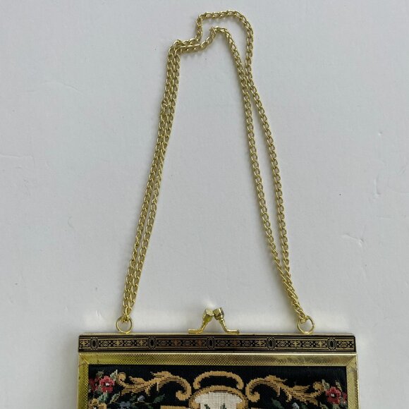 Vintage Needlepoint Bag with adjustable length chain Black with Floral Design - Picture 4 of 7